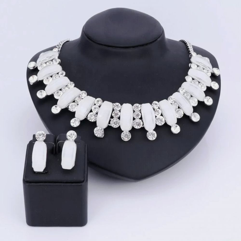 Silver plated white crystal necklace earrings set